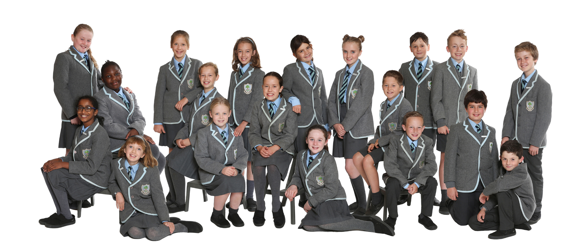 Full class group school portrait on white background